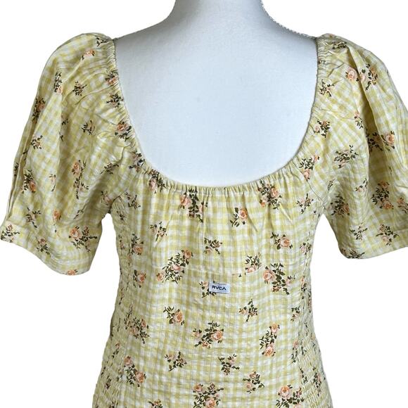 RVCA Dress Gretel Golden Floral Yellow Keyhole Tie Smocked Sides Cotton Mini - Picture 6 of 12